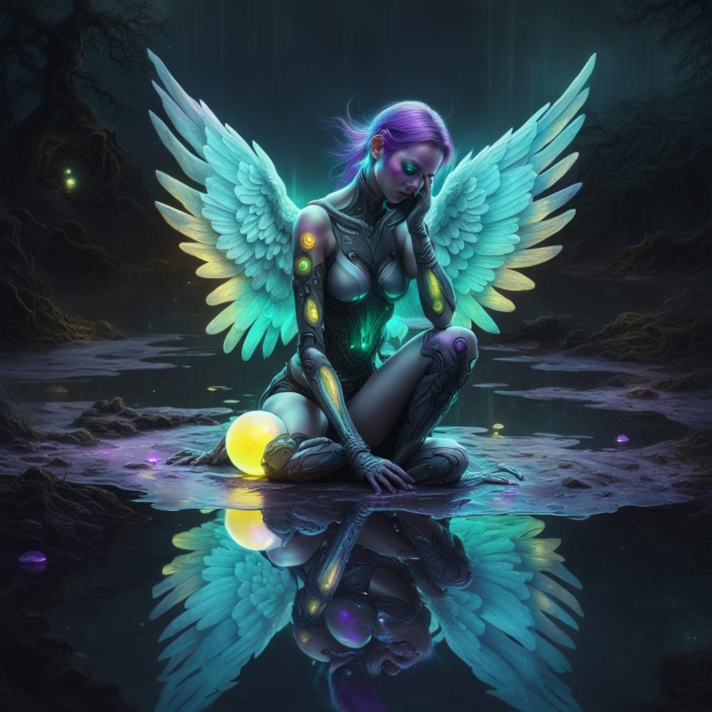 Cyborg Angel with Glowing Orbs in Gothic Art