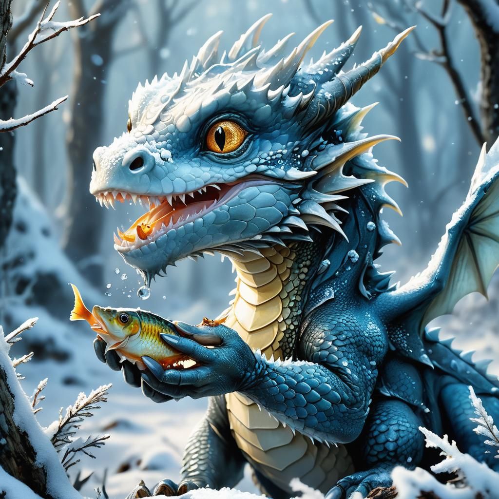 Baby Dragon with Fish in Winter Forest