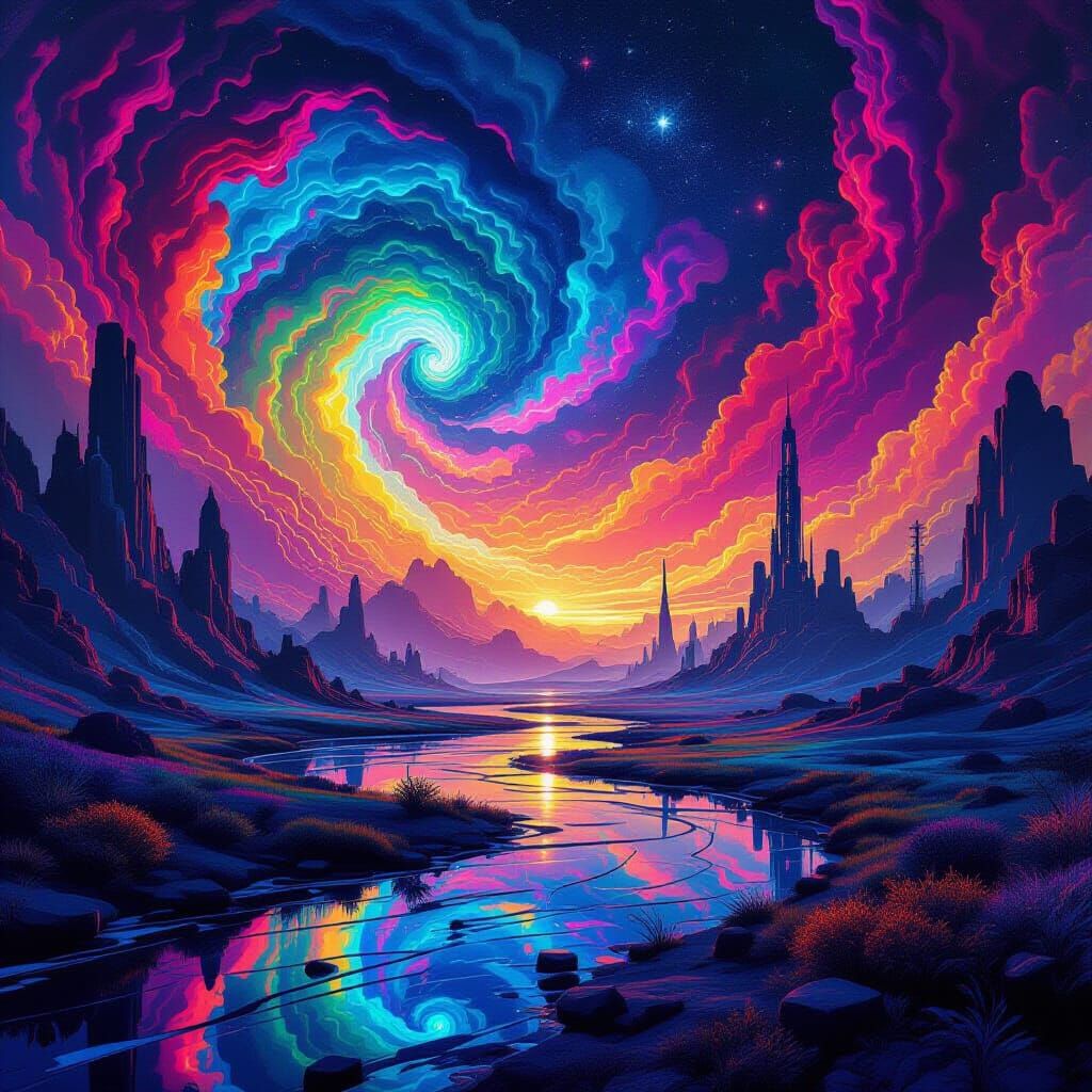 Vibrant Surreal Landscape in a Neon Dreamscape
