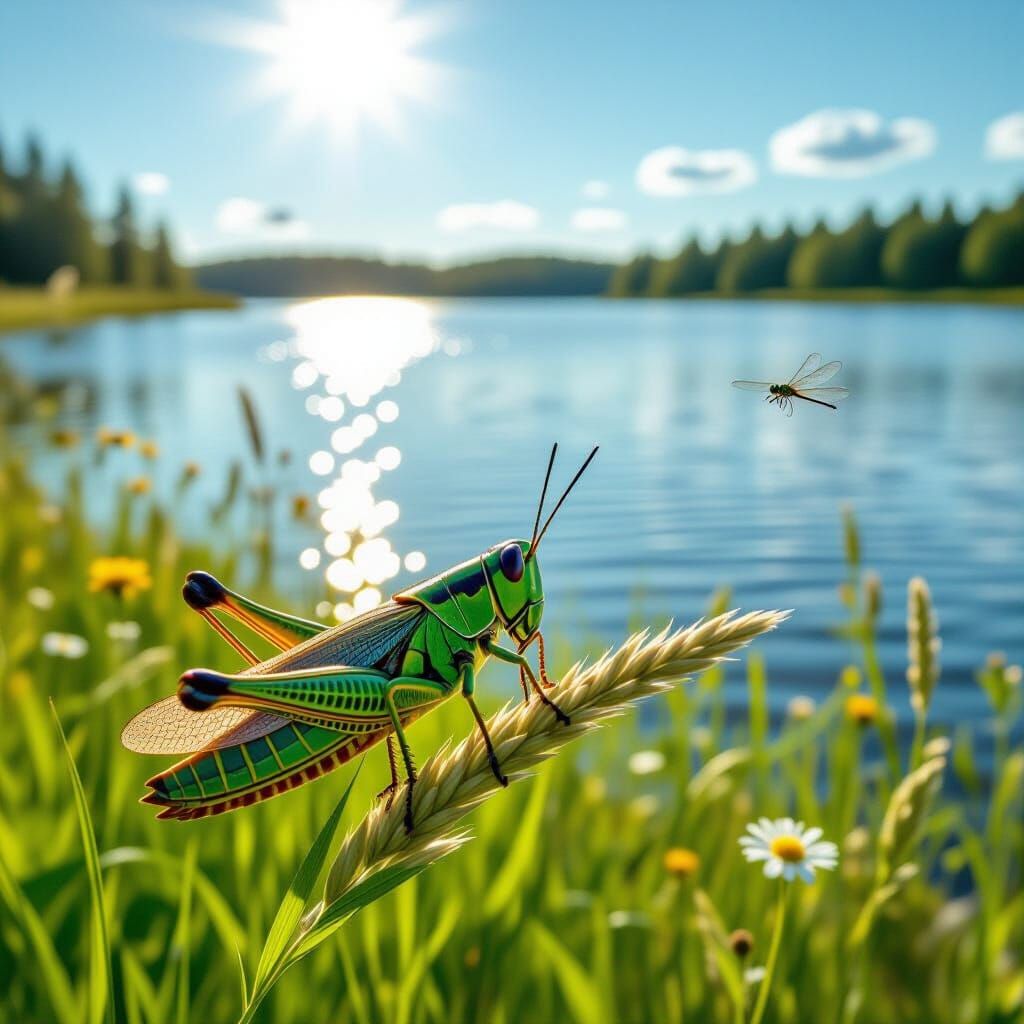 Grasshopper in Sunny Meadow by Shimmering Lake