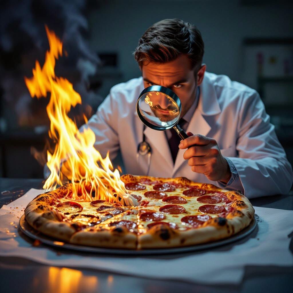 Doctor Examines Fiery Pizza on Examination Table