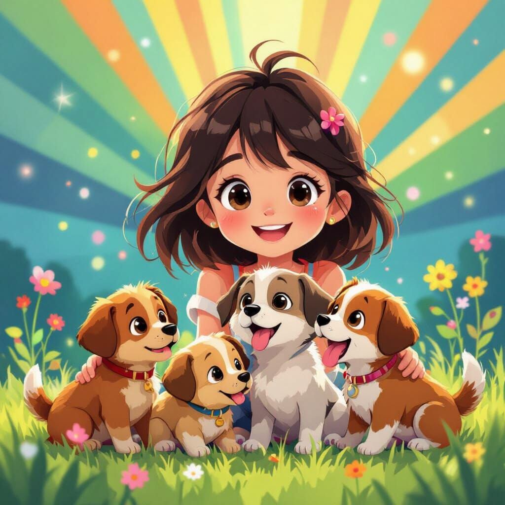 Girl with Puppies in Anime Cel-Shaded Style