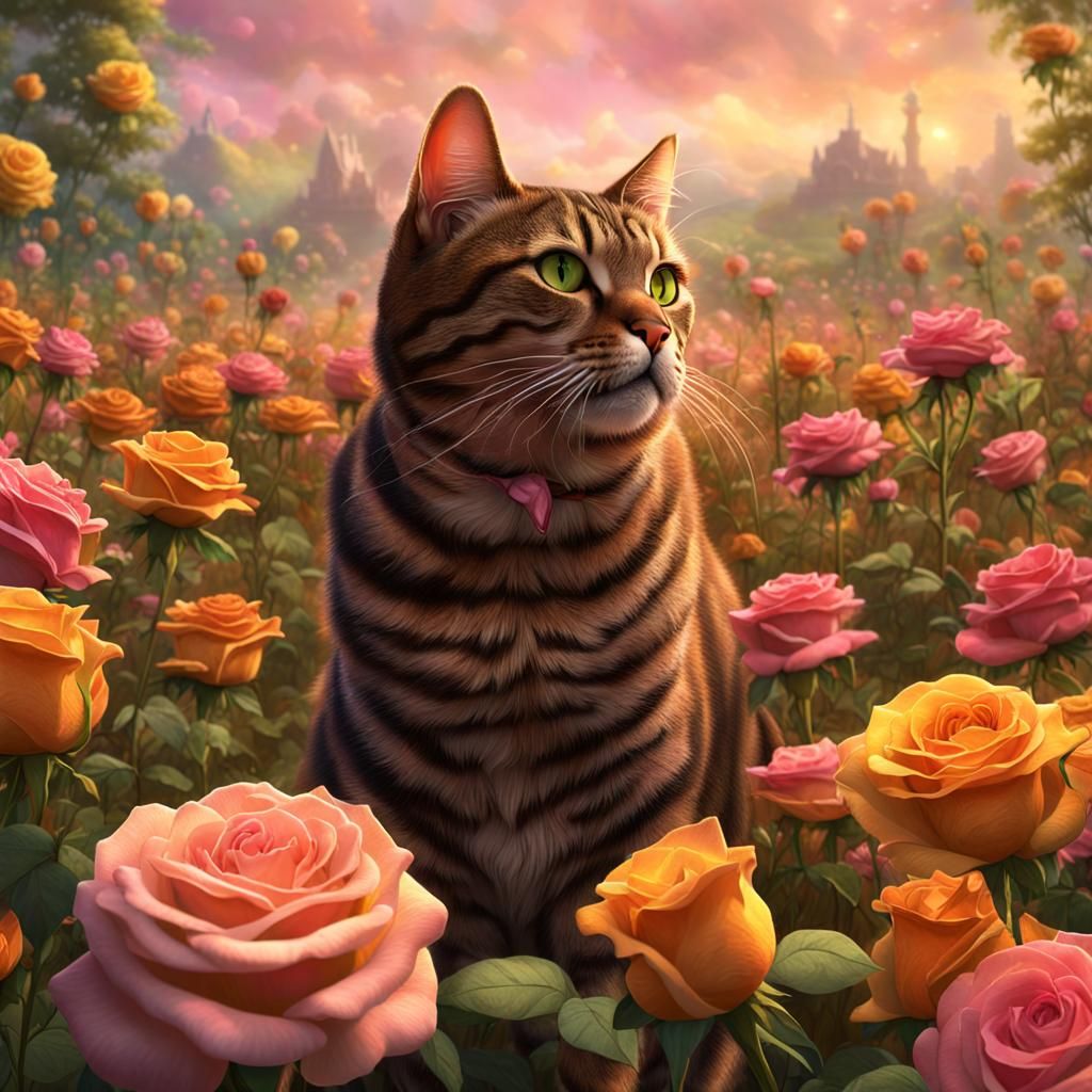 Colorful Roses with Tabby Cat: Fantasy Concept Art