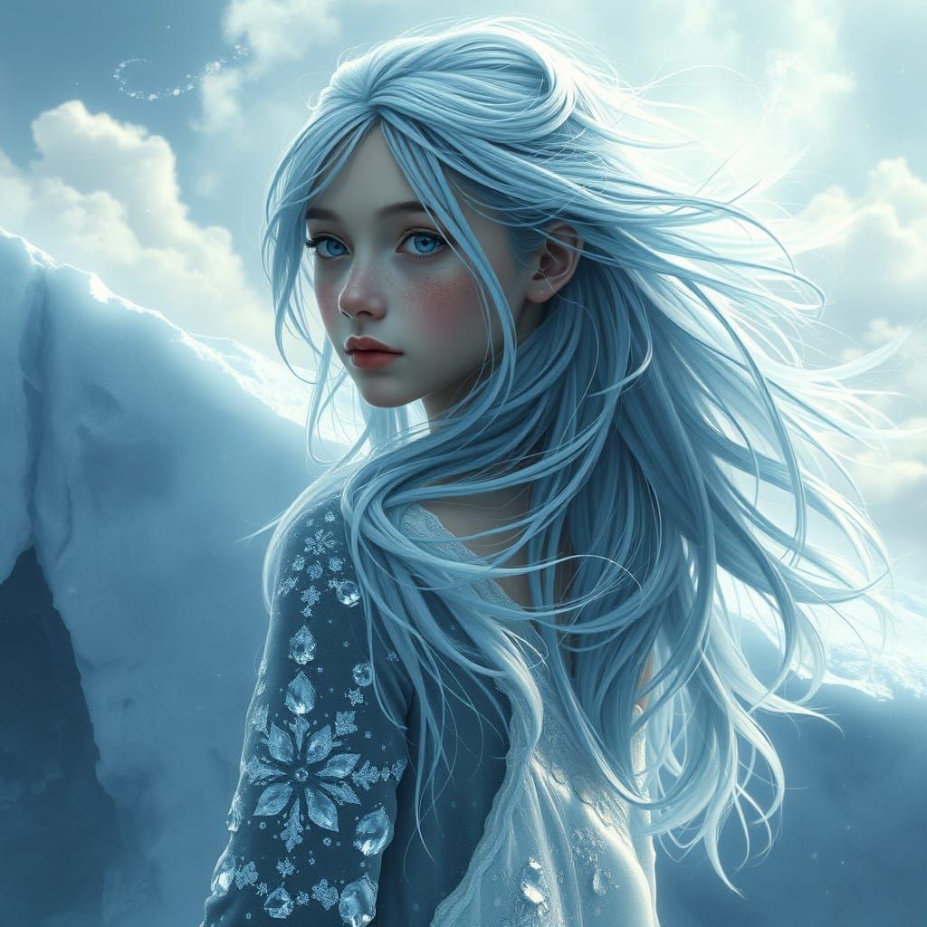 Whimsical Girl Embracing Elements of Ice and Air in Ethereal...