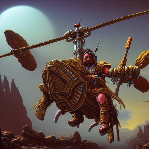 Martian Dwarf Warrior Flies Ancient Helicopter in DND Style