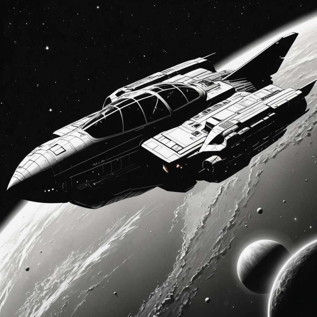 Sci-Fi Fighter in Space: Detailed Line Art