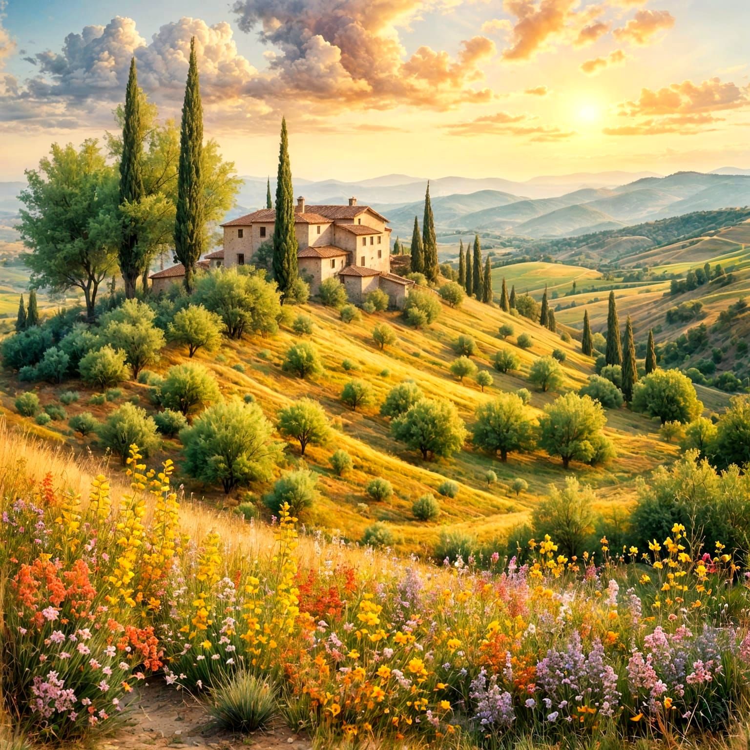 Springtime Catalan Landscape in Watercolor Style