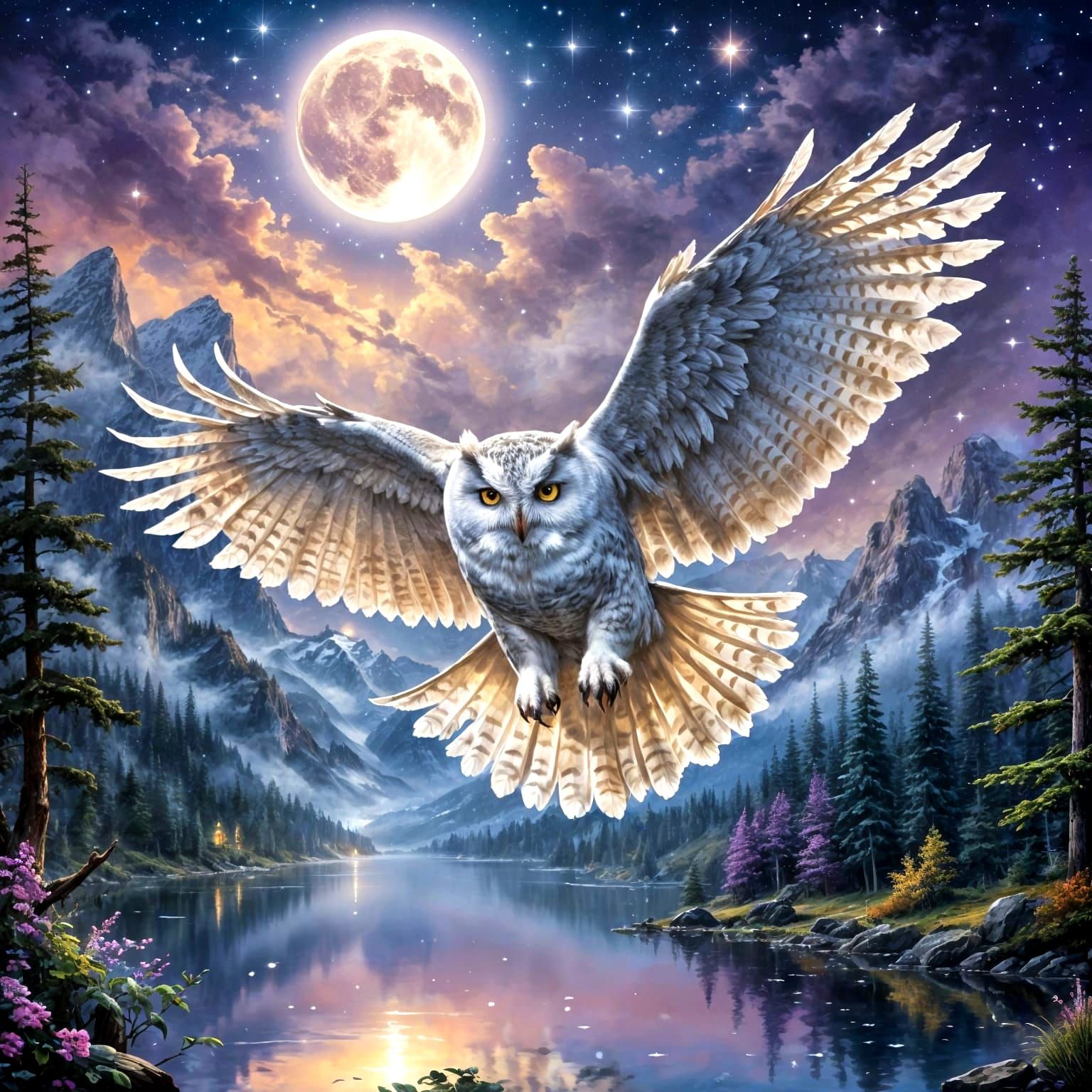 Luminescent Owl Soaring Over Moonlit Lake
