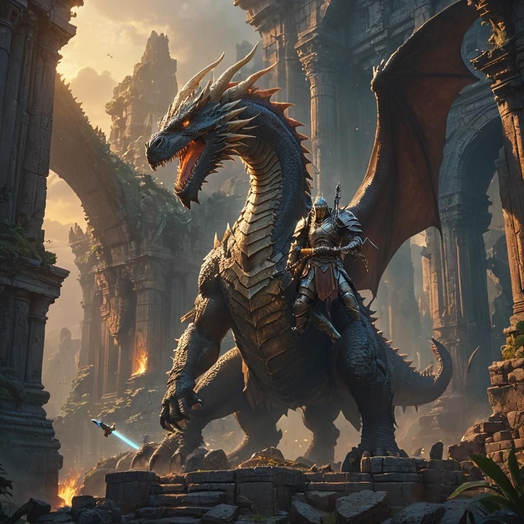 Mythical Warrior Battles Dragon in Ancient Ruins