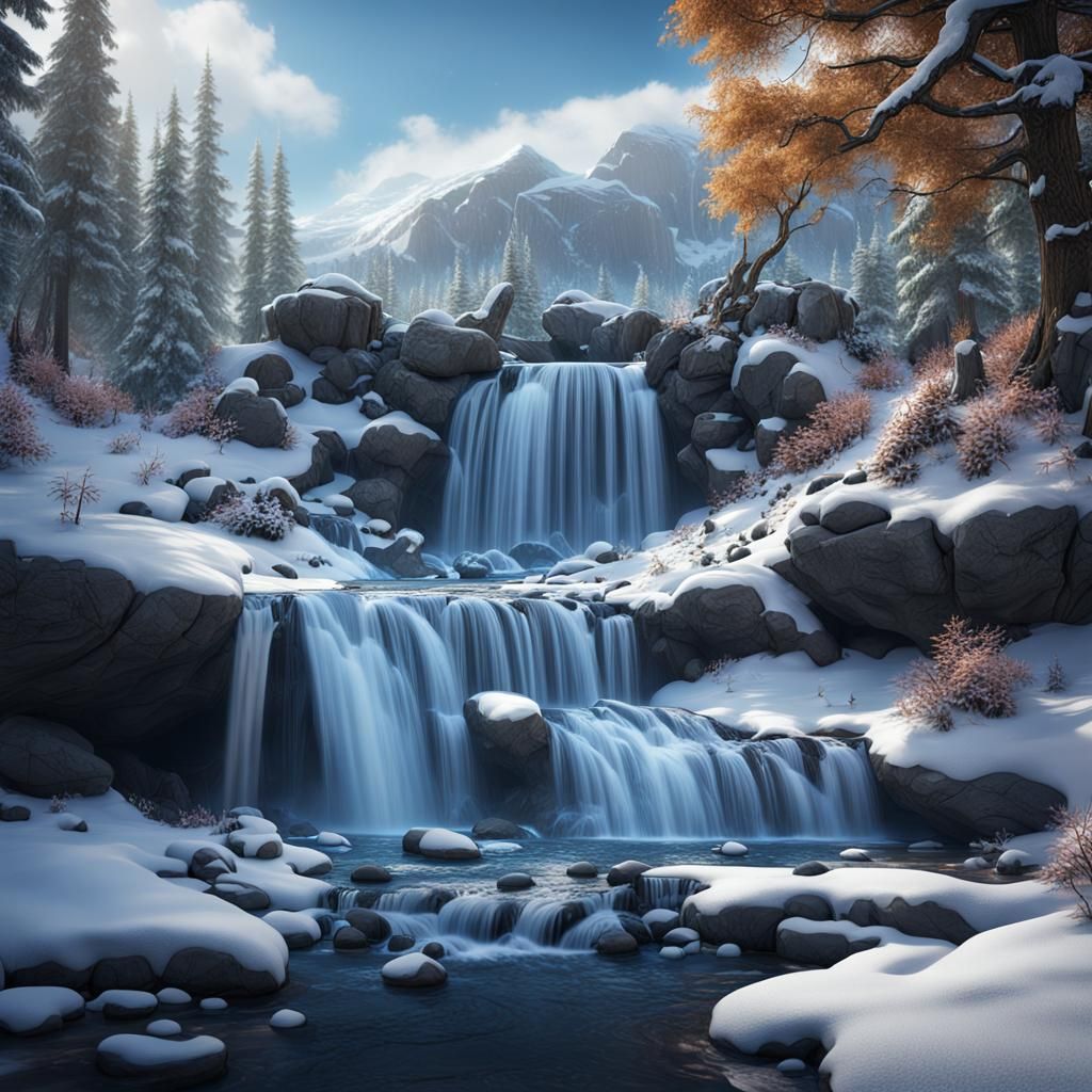 Snowy Waterfall in a Winter Landscape