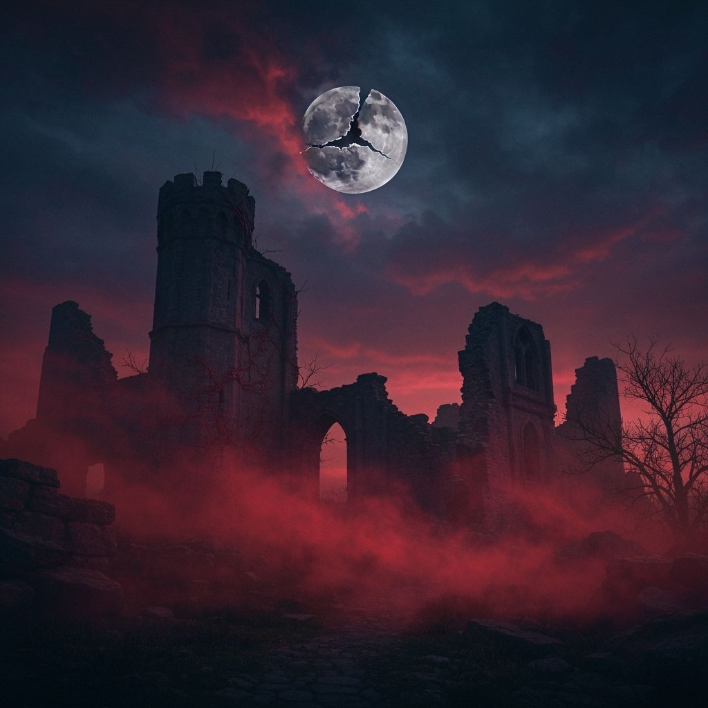 Shattered Moon Over Castle Ruins in Red Mist