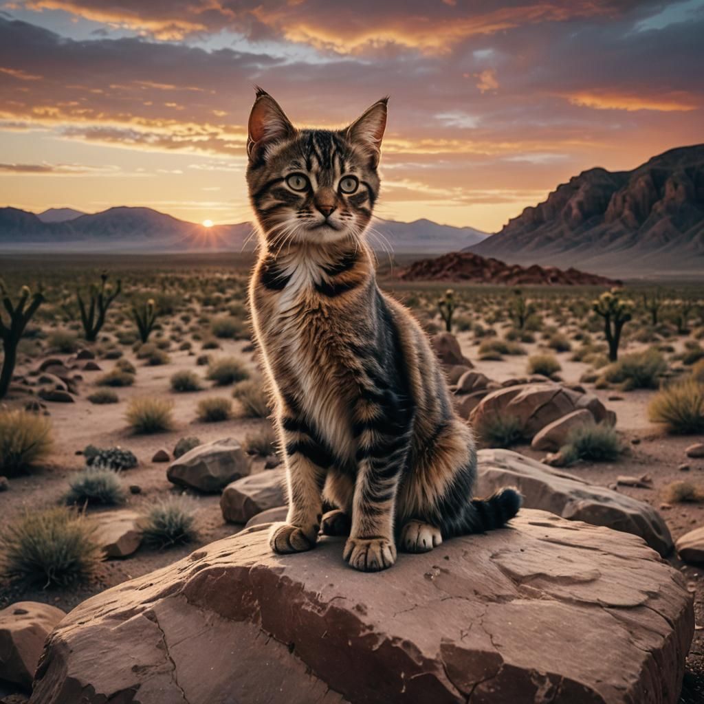 Grumpy Kitten at Desert Sunset: Cinematic Film Still