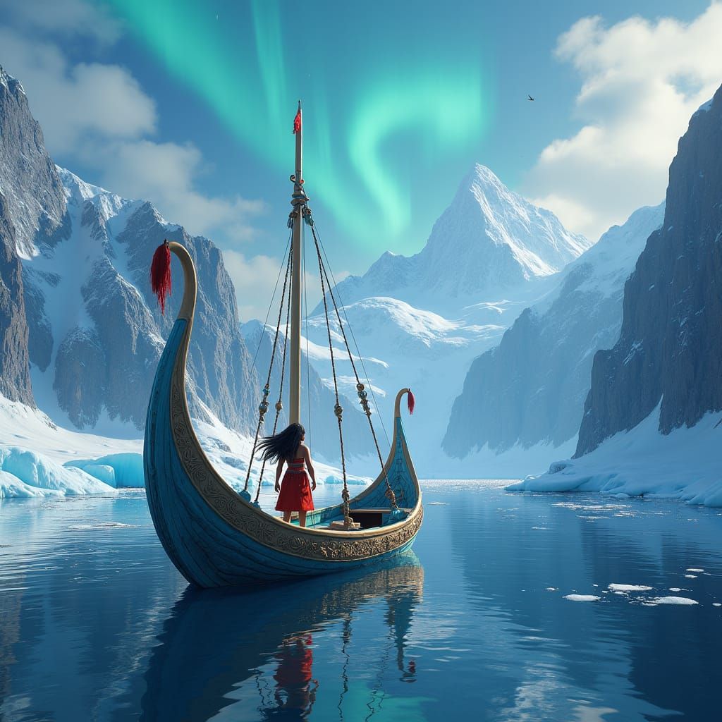 Moana Sails Frozen Fjord Under Northern Lights