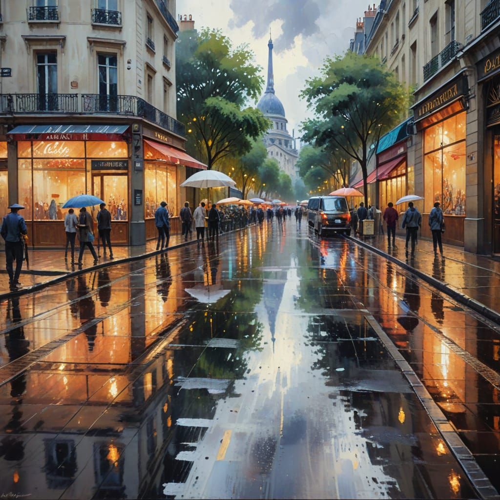 Paris Rainy Street Scene in Gouache Style