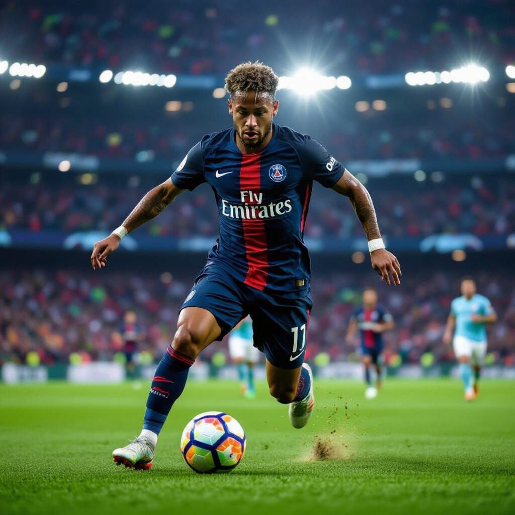 Neymar Focused on Penalty Shot in Sports Photography Style