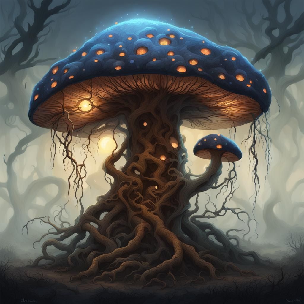 Gloomy Mushroom Creature in Somber Landscape
