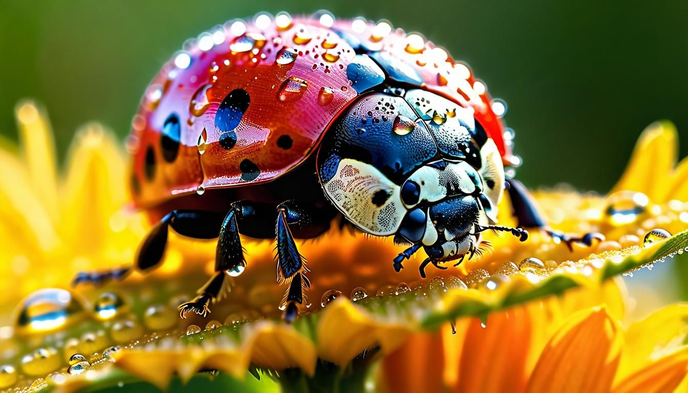 Ladybug Crowned with Dew: Golden Hour Macro Photography