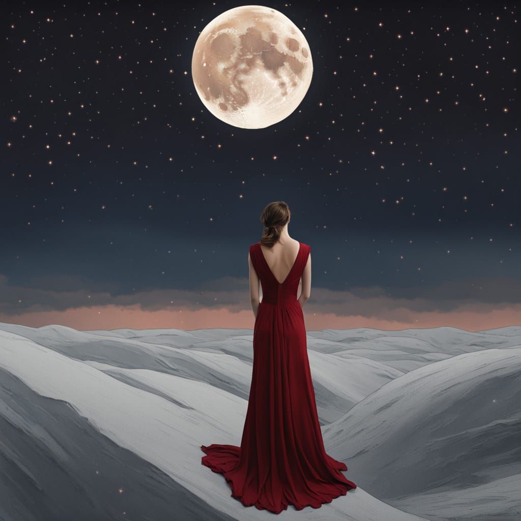 Woman in Red Silk Dress Under Starry Night Sky