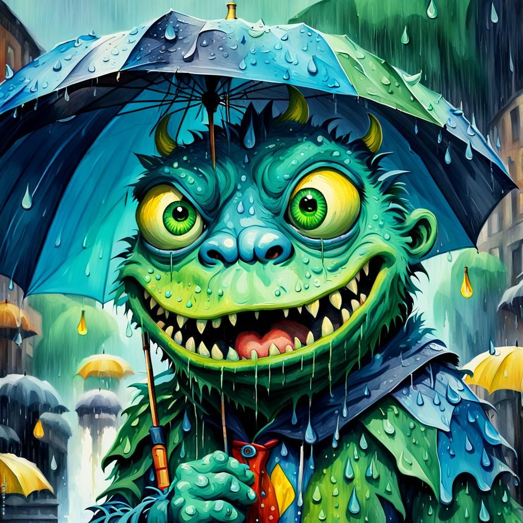 Surreal Oil Painting of a Green Monster in the Rain