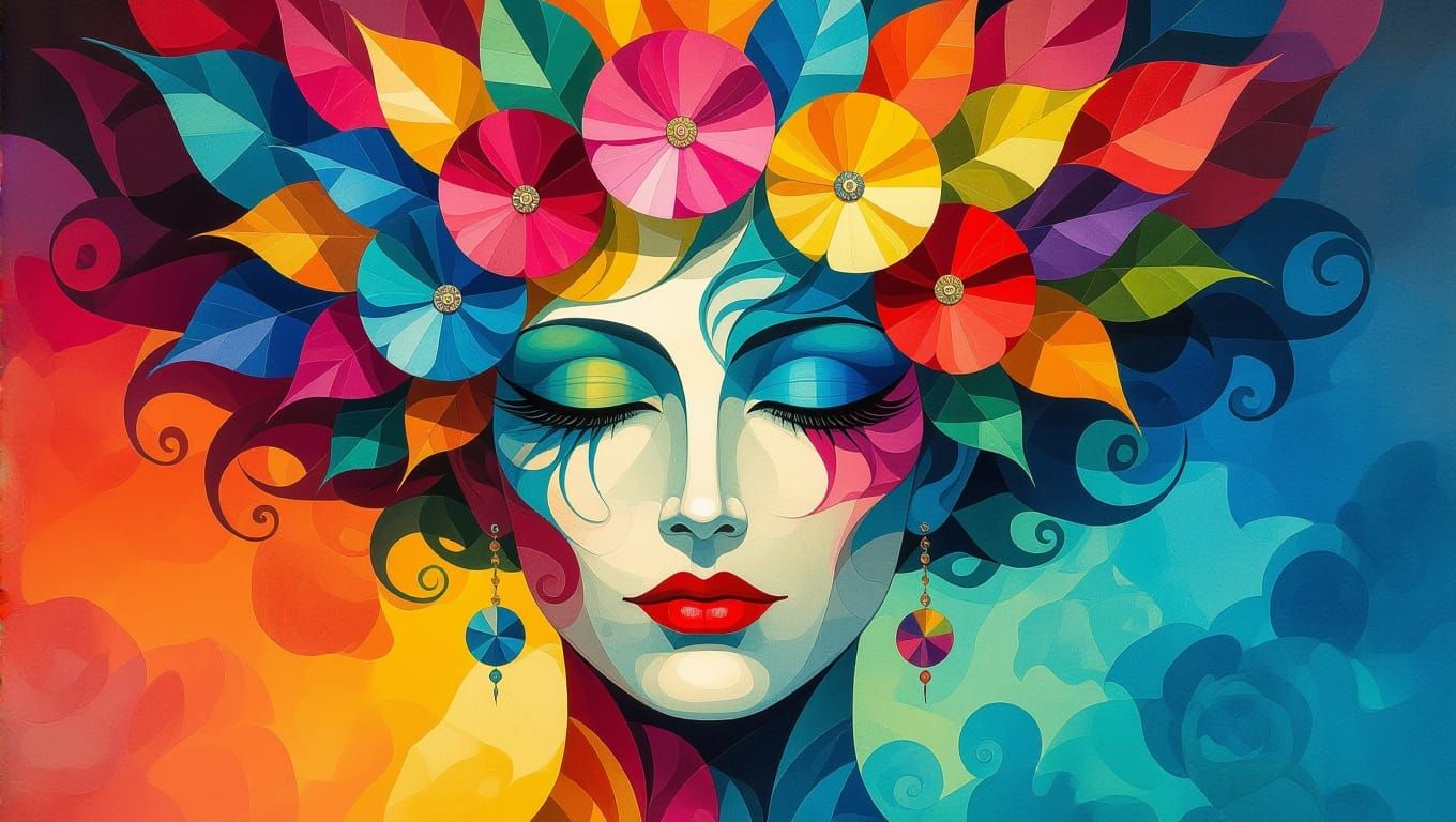 Surreal Face in Vibrant Abstract Cityscape