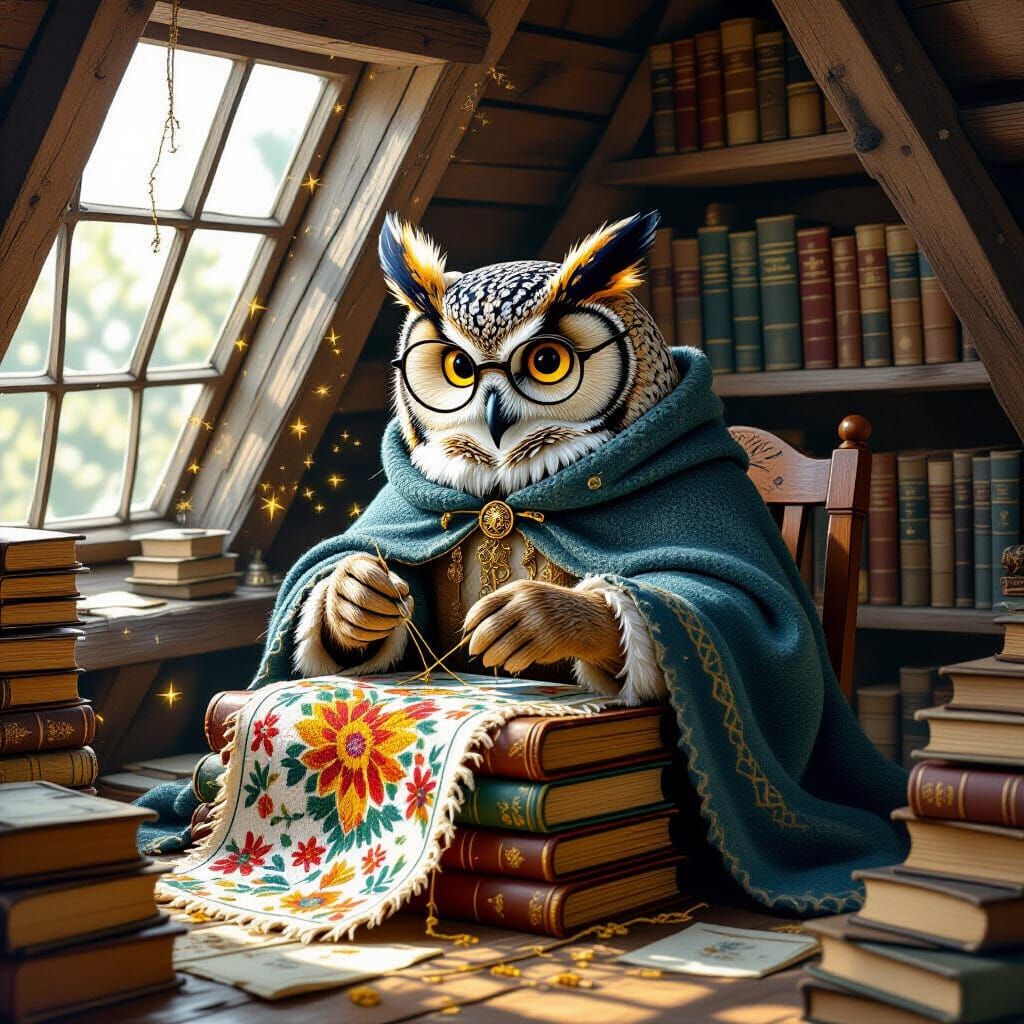 Wise Owl Stitching Tapestry in Dusty Attic Workshop