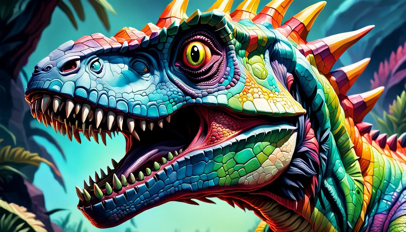 Colorful Dinosaur in Prehistoric Kingdom, Hyperrealistic Pas...