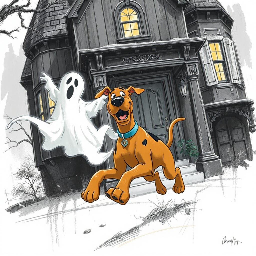 Scooby Doo running from a ghost