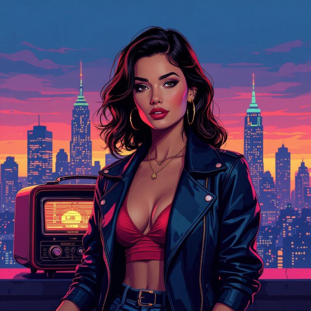 Retro Radio with Vintage Woman in 80s Style