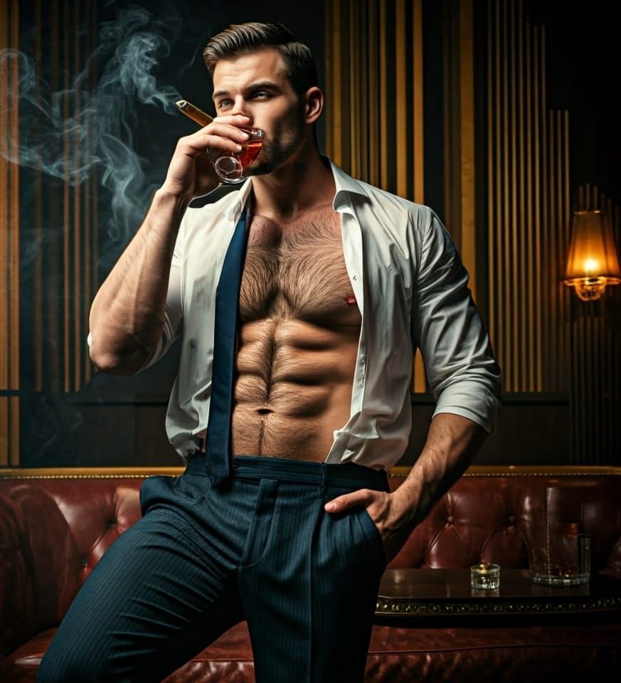 Smoky Speakeasy: Rugged Man Sipping Cocktail, Cinematic Styl...
