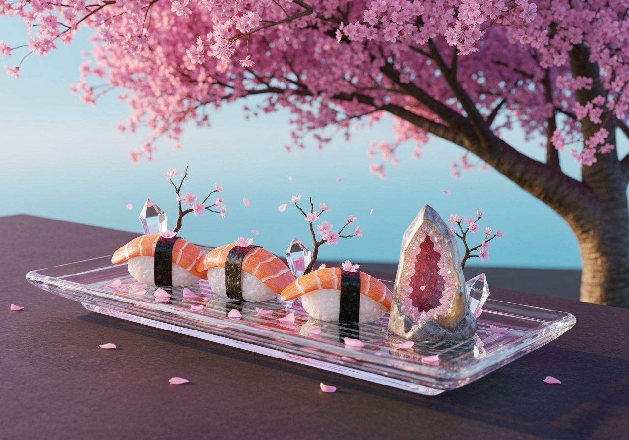 Glass Sushi Under Cherry Blossoms: Digital Illustration