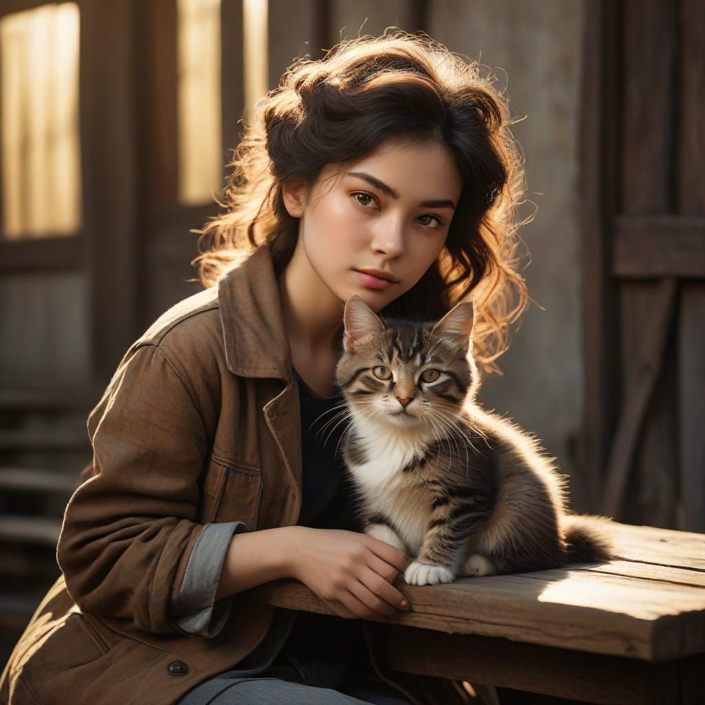 Whimsical Girl and Shabby Kitten in Warm Golden Light