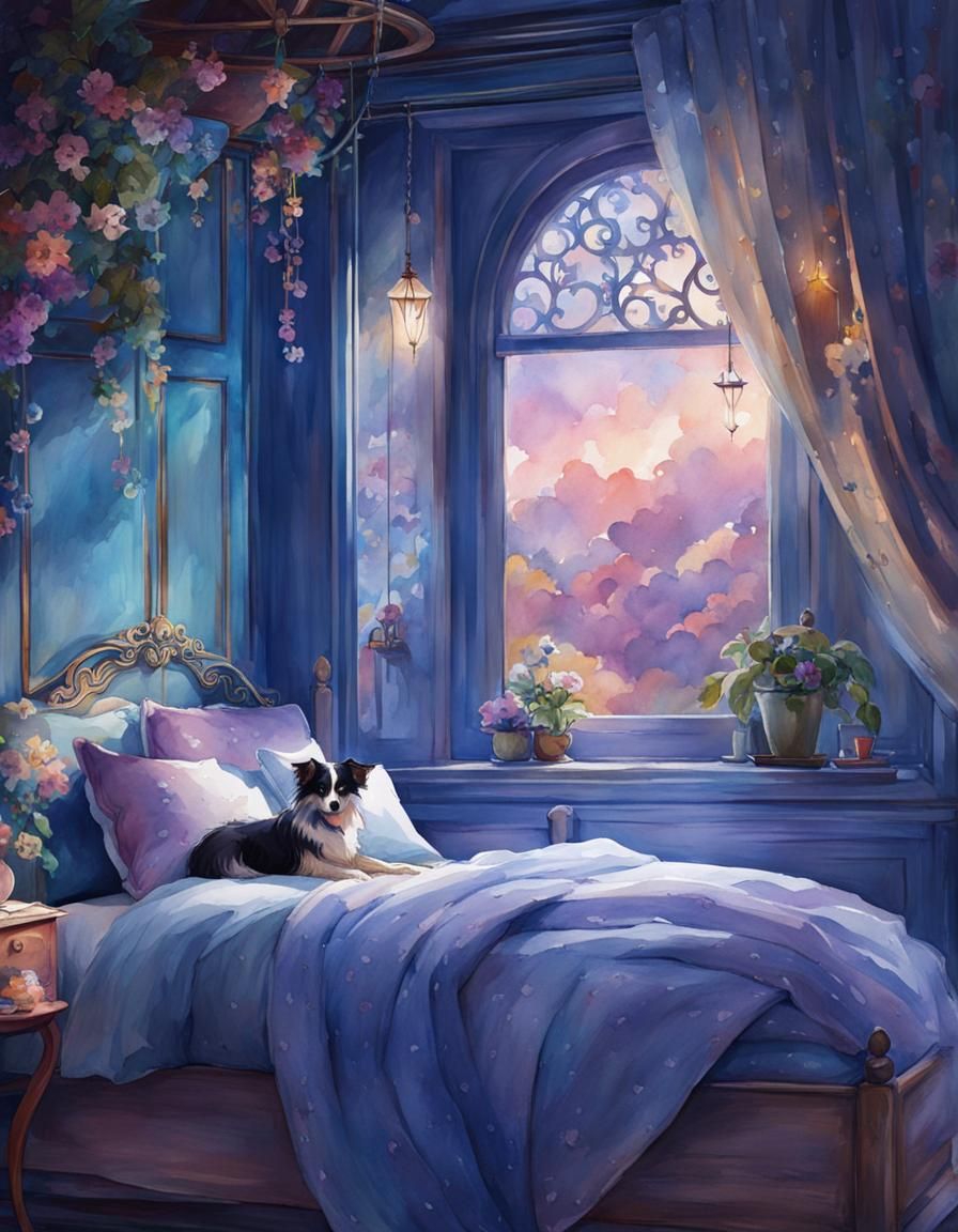 Dreamy Watercolor: Woman and Dogs in Bed