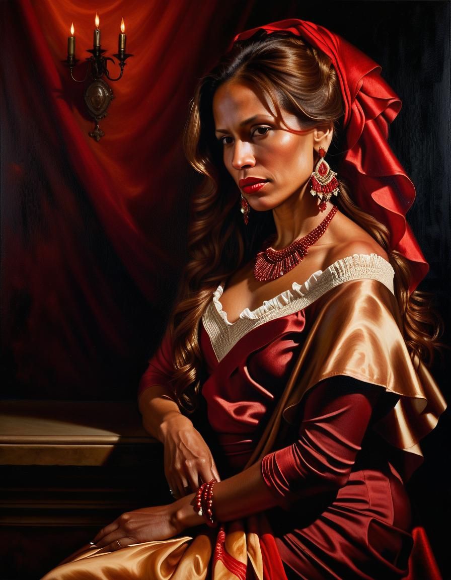 Warmly Lit Woman in Red Shawl and Blouse, Surrounded by Snow...