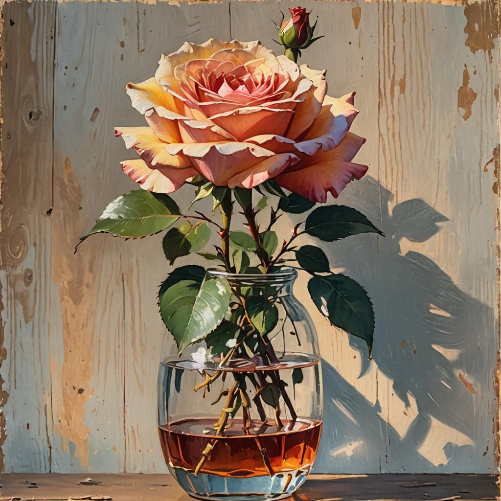 American Beauty Rose Still Life in Gouache Style