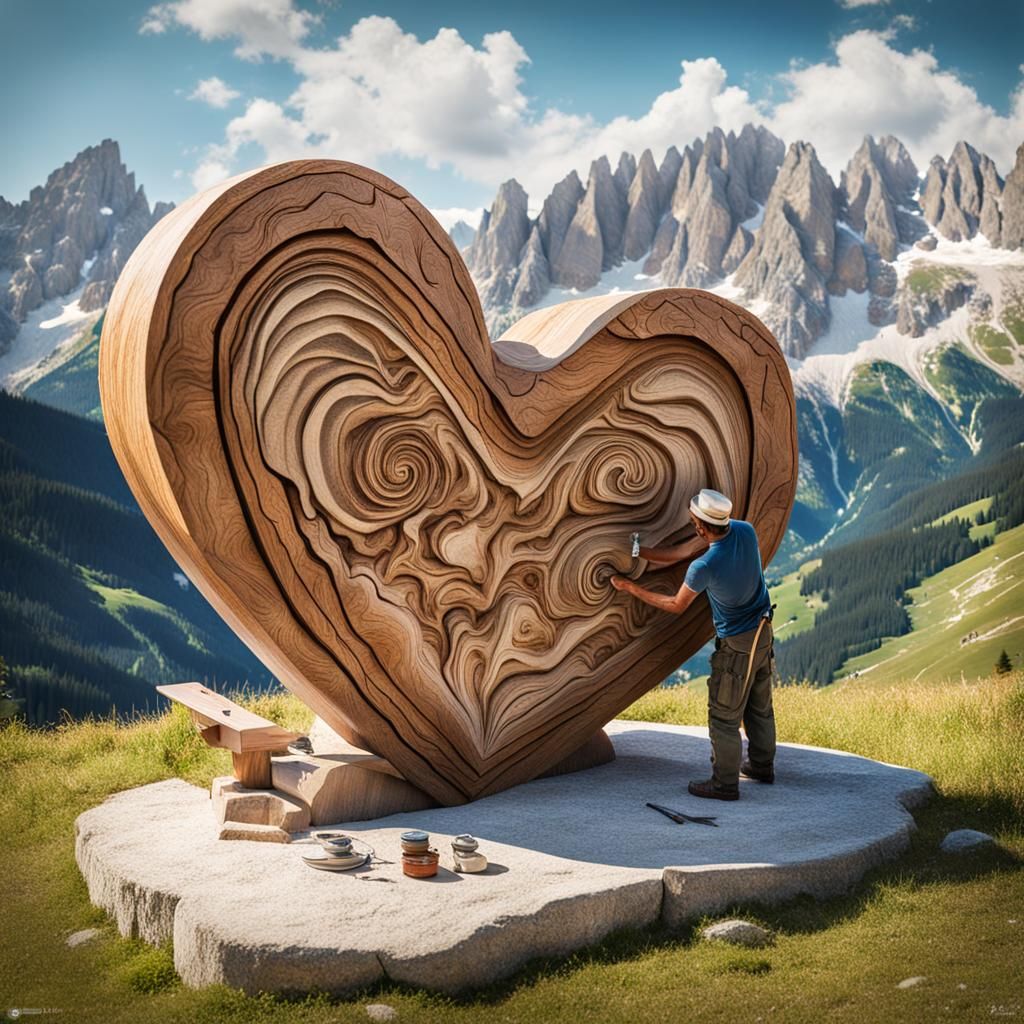 Woodcarving Heart in Dolomite Alps Landscape