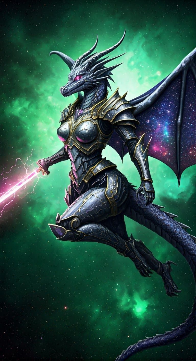 Celestial Dragon-Woman Soaring Through Nebula