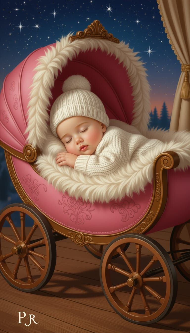 Hyperrealistic Child Sleeping in Ornate Pink Carriage