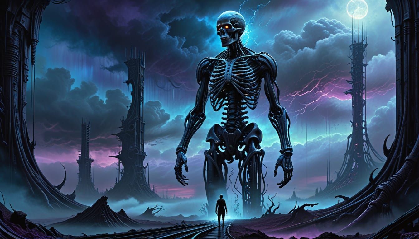 Surreal Biomechanical Landscape with Towering Structure