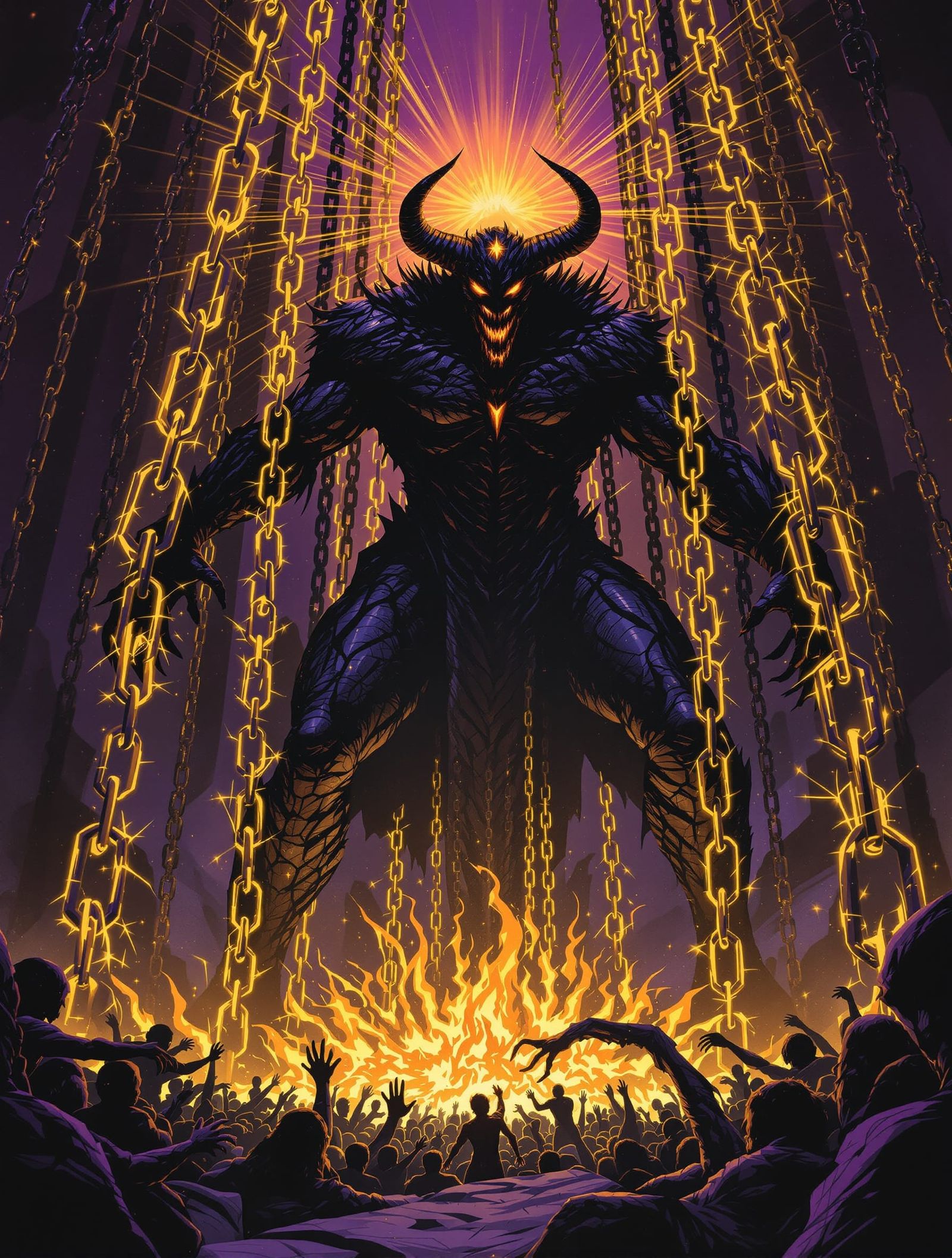 Demonic King Crushed by Divine Chains in Dark Fantasy Style