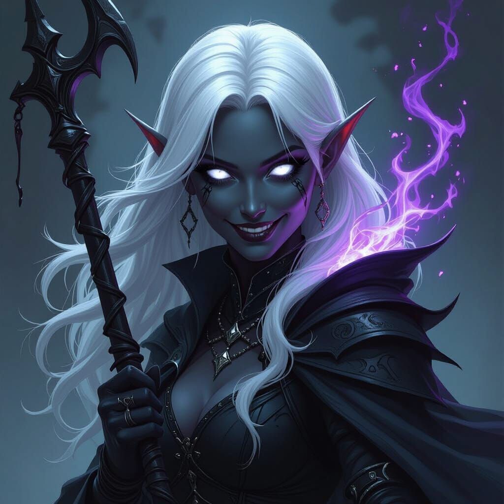 Drow Warlock with Shadow Magic and White Hair