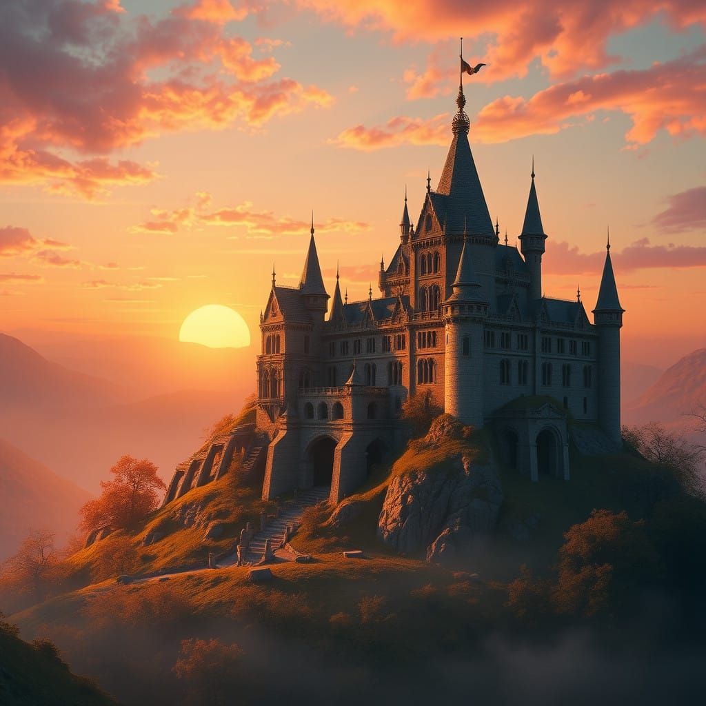 Enchanted Sunset Castle with Medieval Fantasy Elements