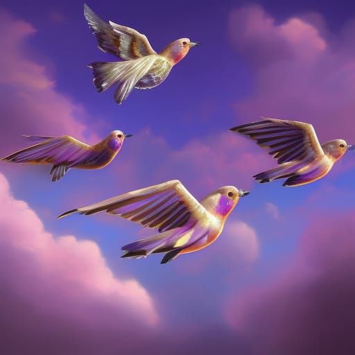 Glass Birds Flying Through Pink and Purple Clouds