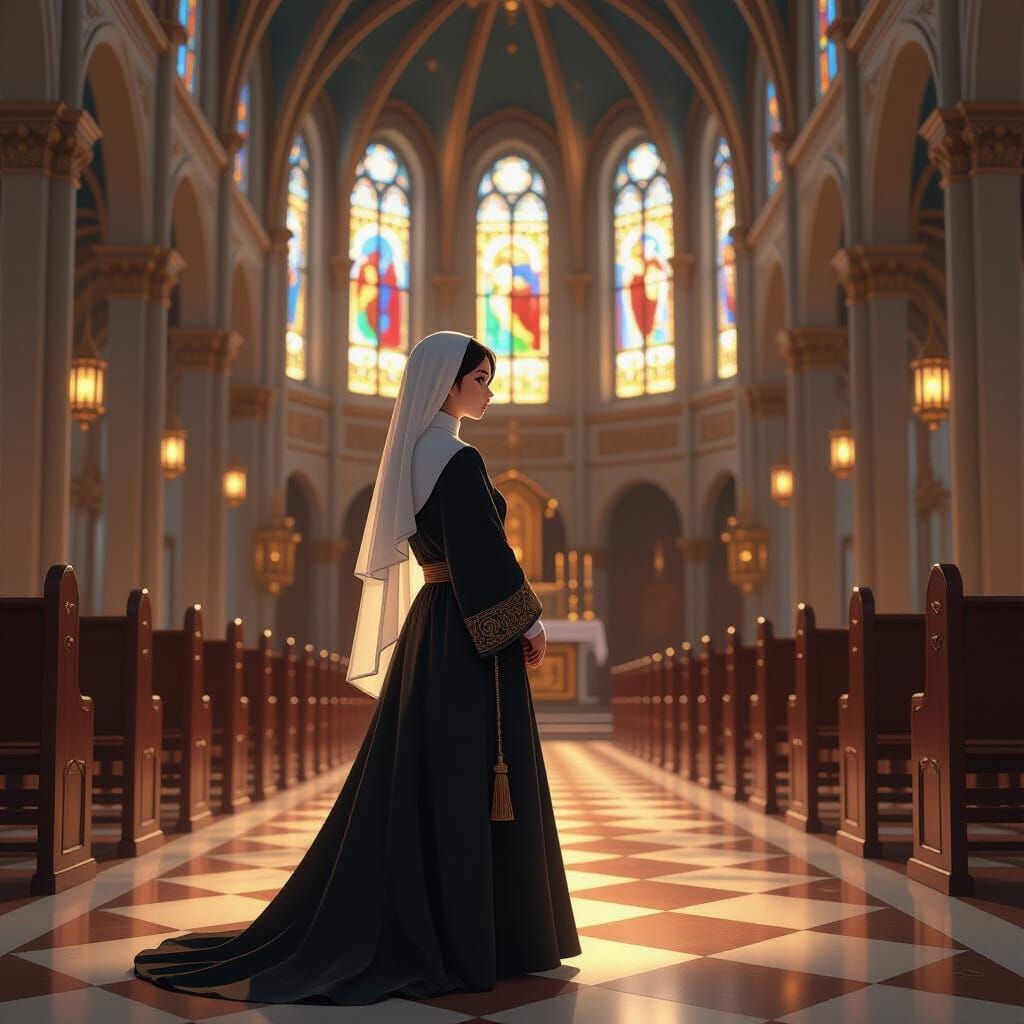 Nun in Ornate Church with Stained Glass Windows