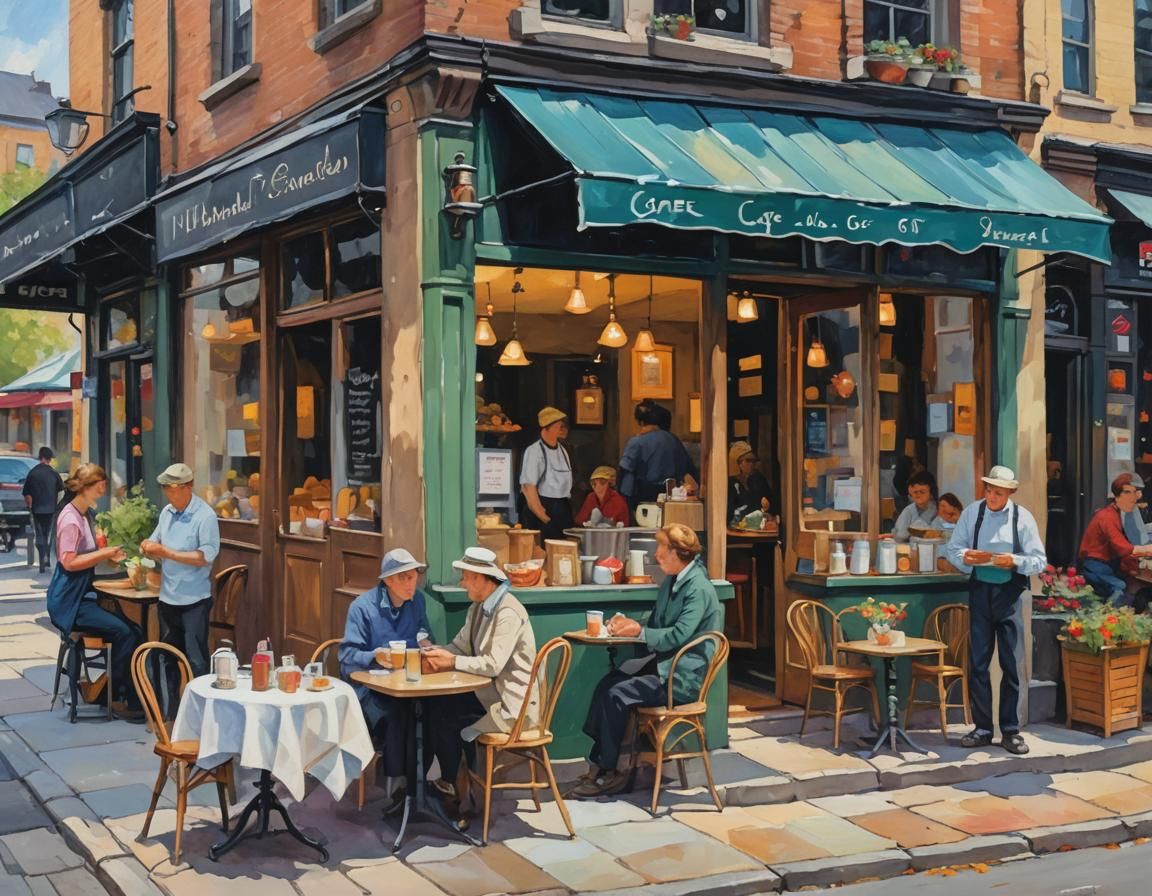 Whimsical Morning Cafe Scene in Neo-Impressionist Style