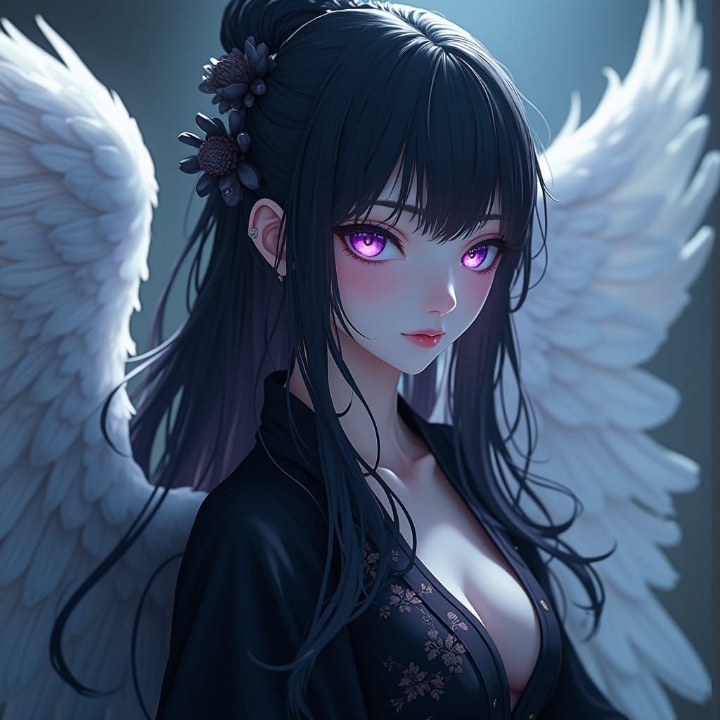 Mysterious Anime Woman with Alabaster Skin and White Wings