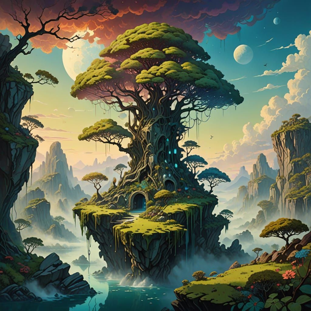 Art Nouveau Floating Islands: Lush vs. Barren