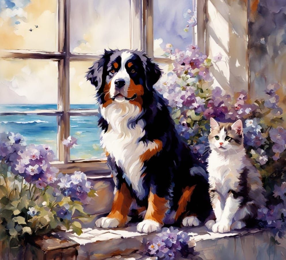 Bernese Puppy & Siamese Kitten by Ocean Window