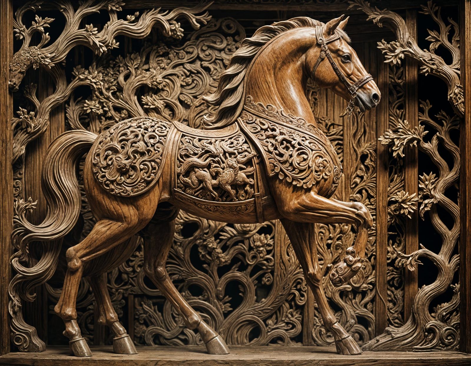 Detailed Chinese Wood Carving of Rearing Horse