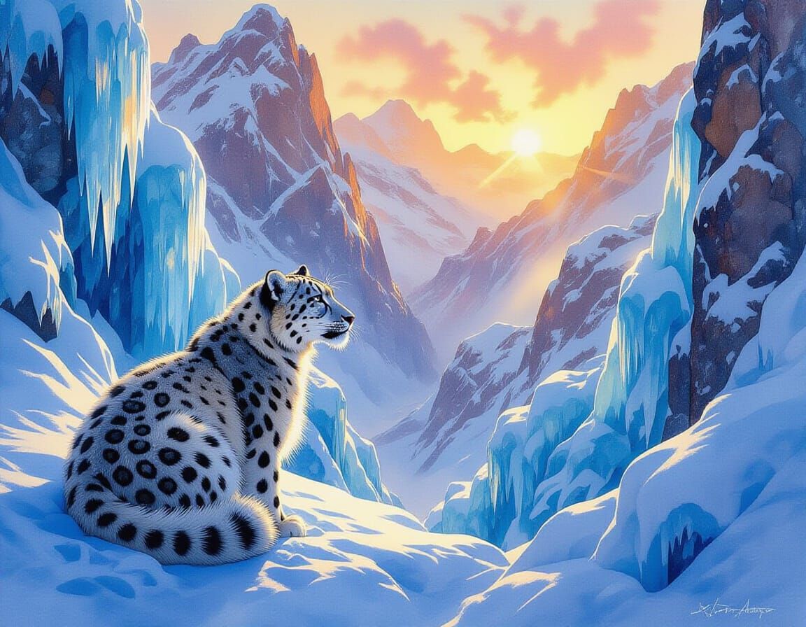 Snow Leopard in Winter Crystal Canyon: Watercolour Sunset