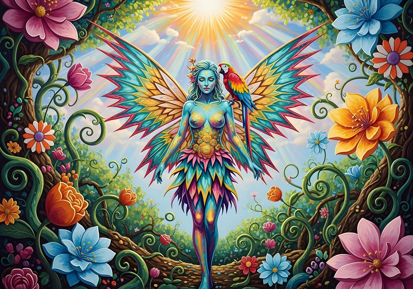 Vibrant Fairy and Parrot in Enchanted Forest Painting